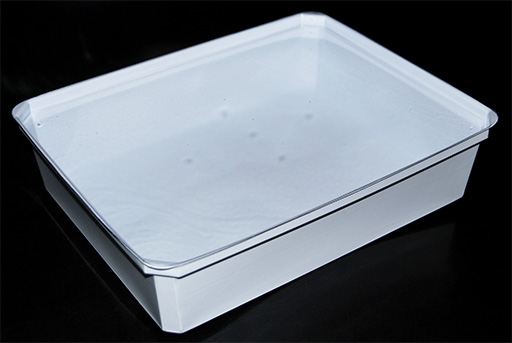 Envase rectangular con base blanca y tapa transparente